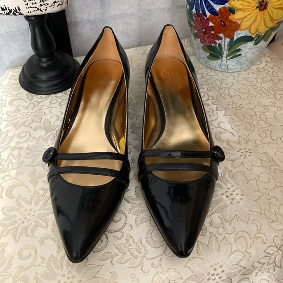 Coach Natasya Wom 8.5 B Black Vegan Patent Leather Kitten Heels Mary Janes-READ - Picture 1 of 15